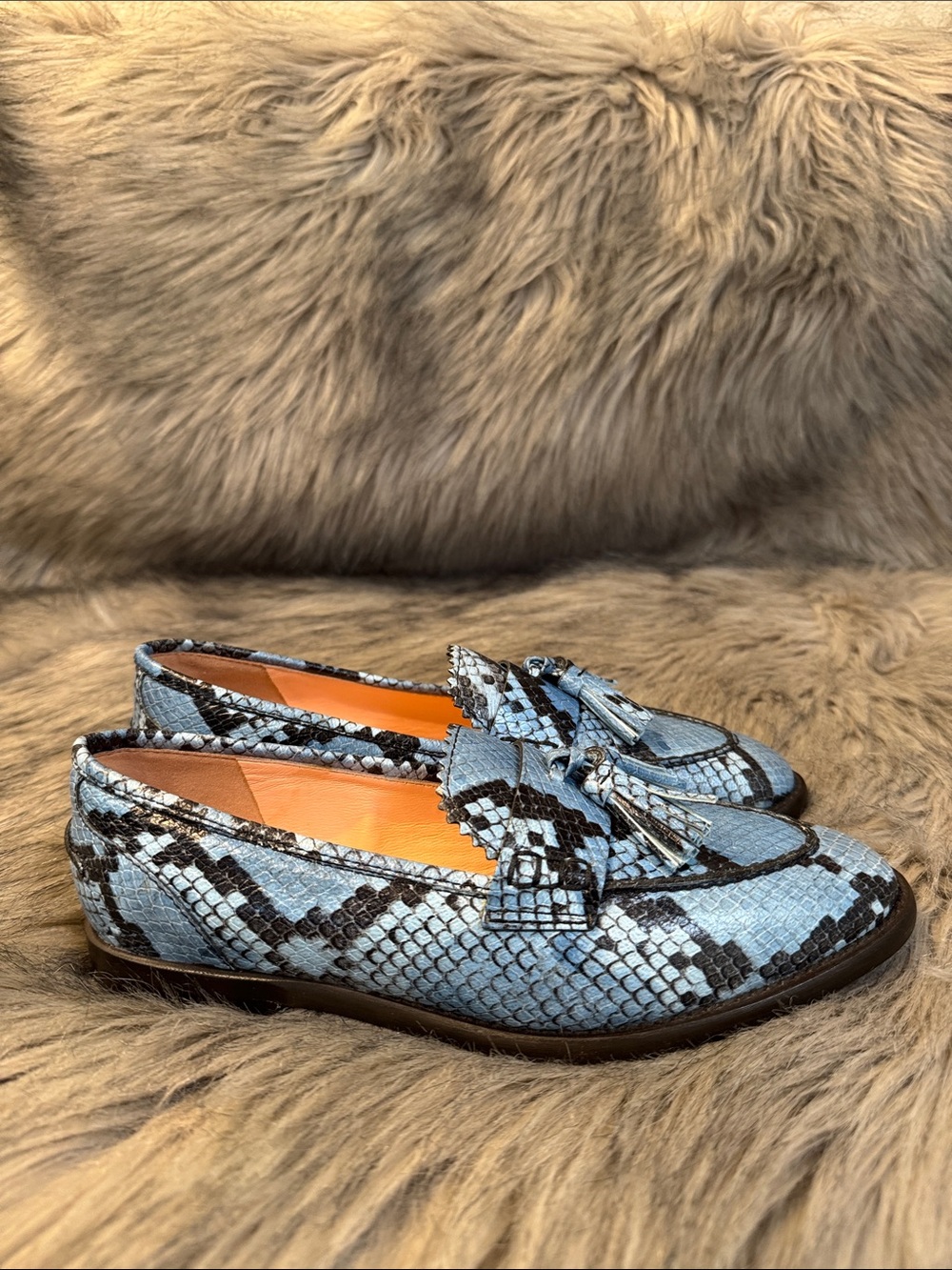 J. Crew Blue Snake-Print Tassel Loafers Size 6